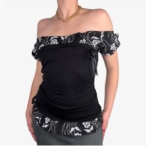 Italian vintage off the shoulder ruffle top white floral back fitted bodice - M